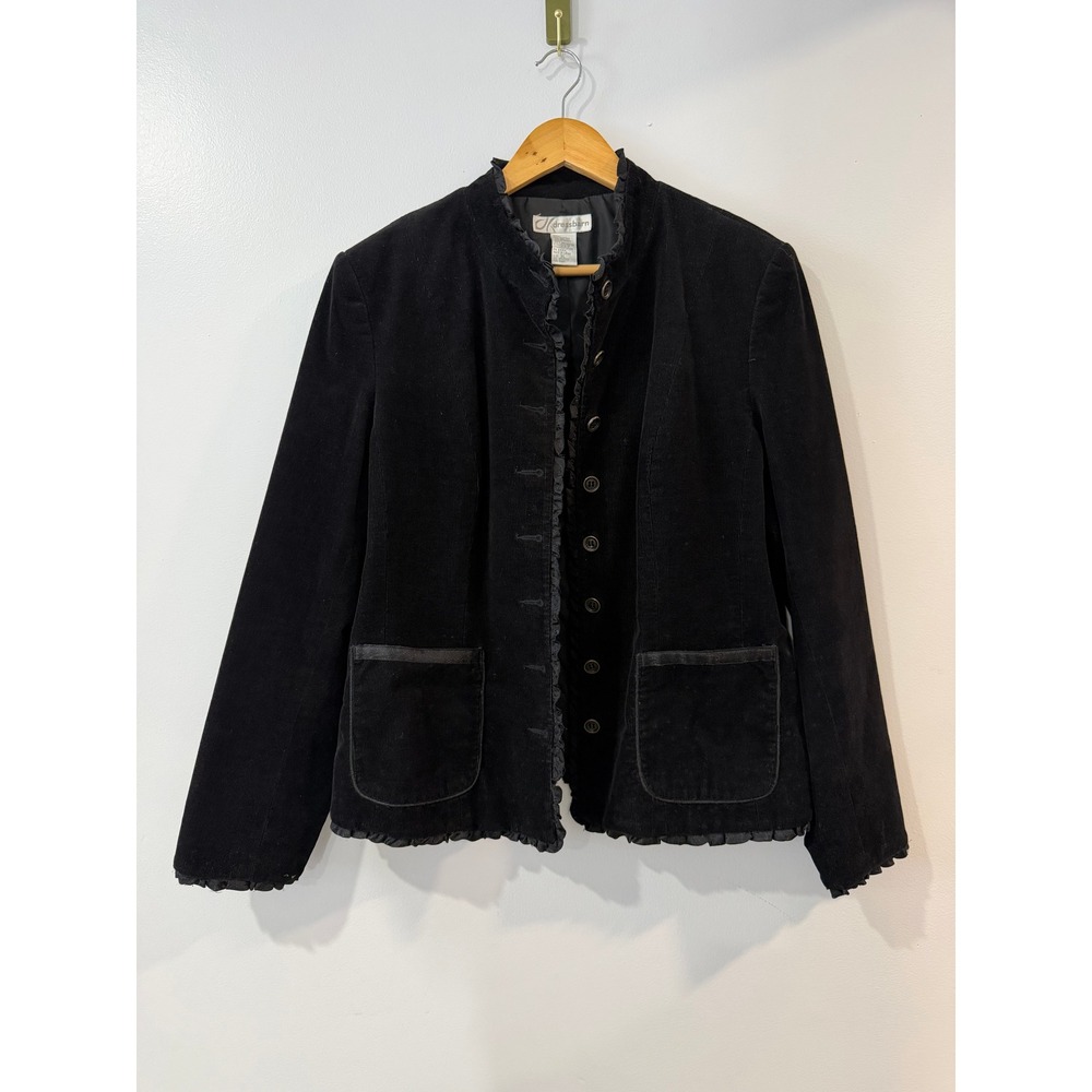Dressbarn Black Velvet Ruffle Trim Button Blazer Jacket Victorian Gothic XL